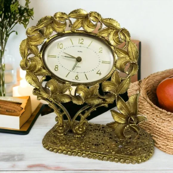 German Ormolu Table Alarm Clock Rare "Florn" Wind Up 24k Gold Gilt Ornate Crest - Picture 3 of 11